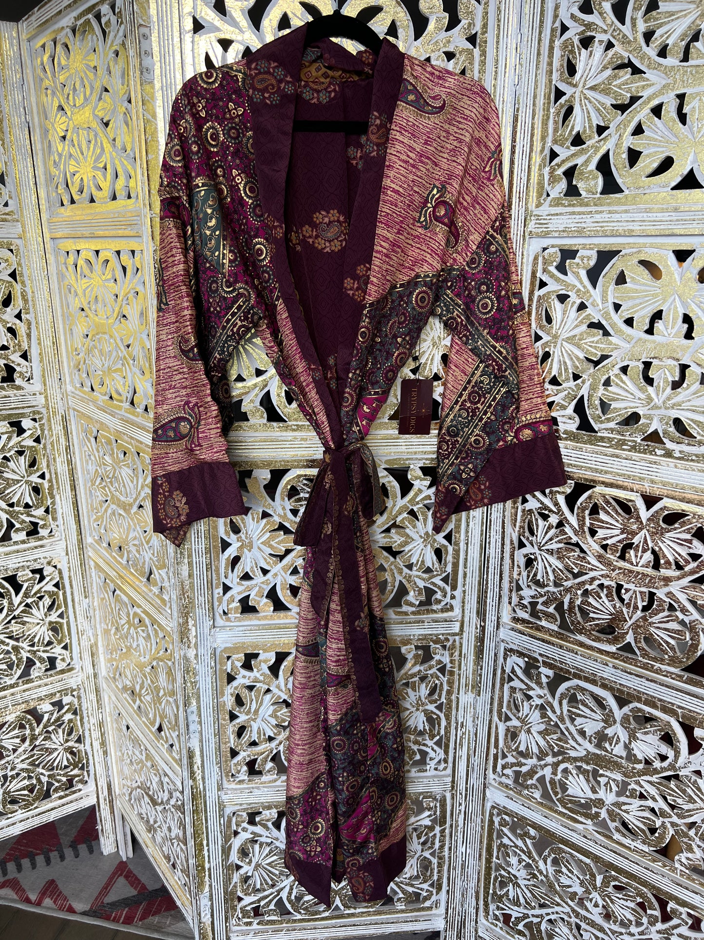 Silk Sari Double Sided Robe - Maroon & Gold