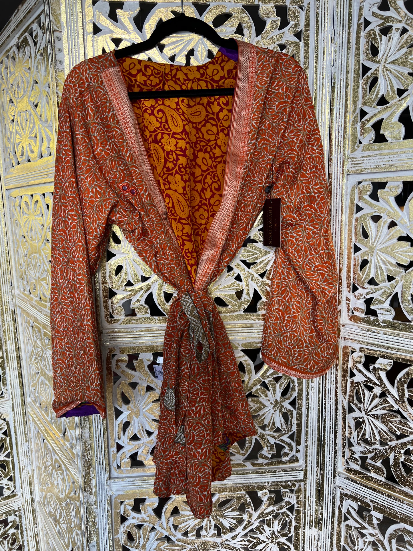 Short Silk Kimono Robe (reversible) - Orange
