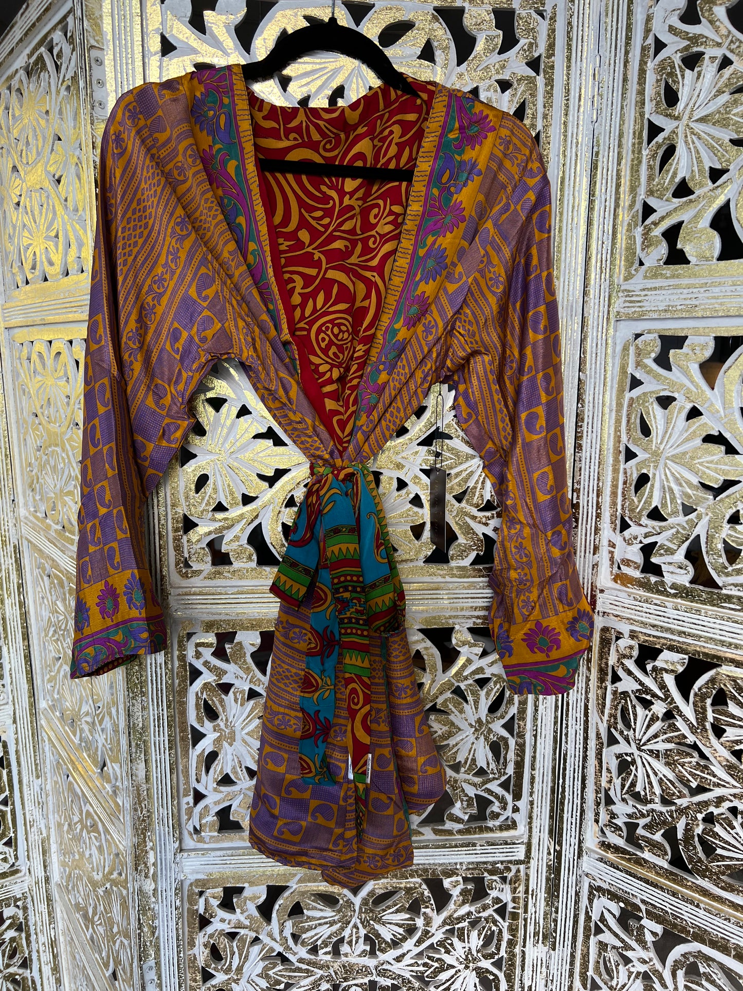 Short Silk Kimono Robe (reversible) - Red & Purple