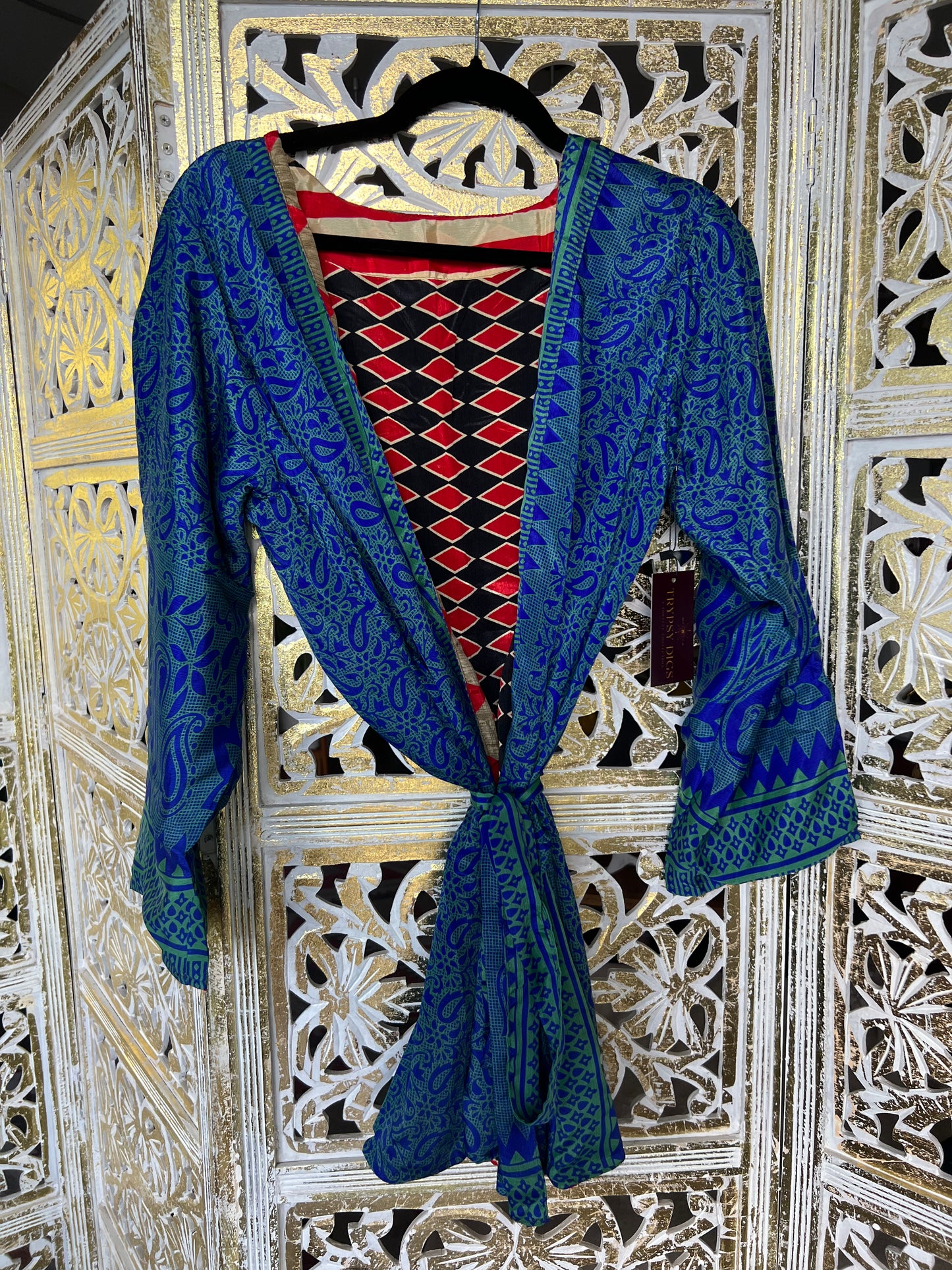 Short Silk Kimono Robe (reversible) - Blue & Red/Black