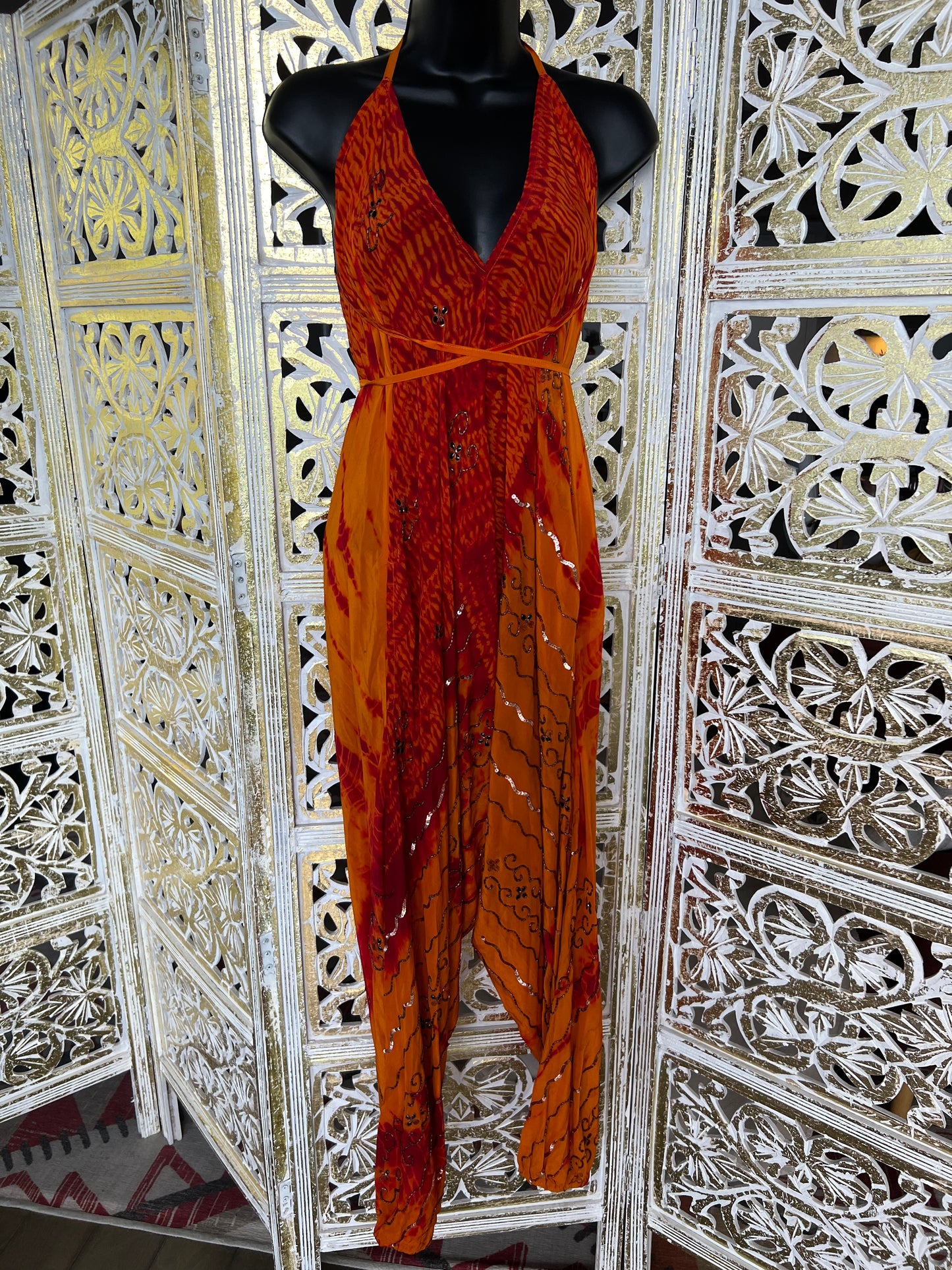 Silk Sari Jumpsuit - Fire Red