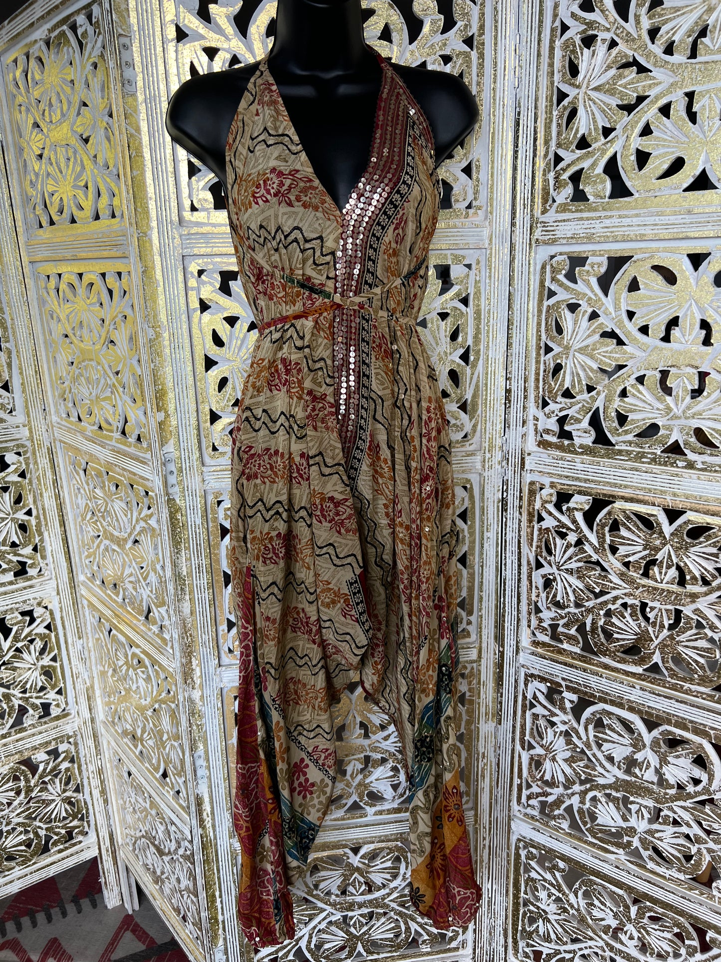 Silk Sari Jumpsuit - Maroon & Beige