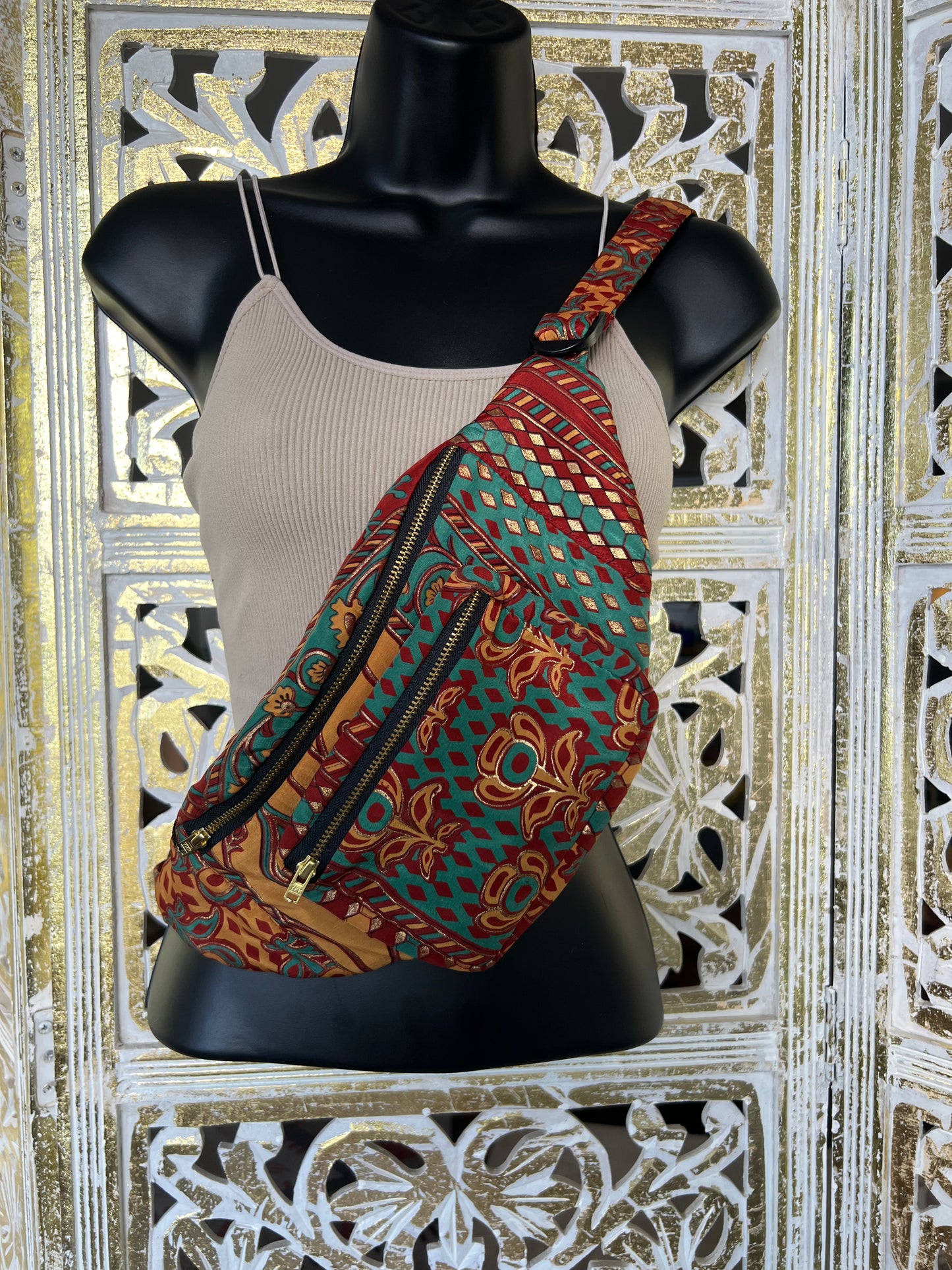 Silk Sari Fanny Pack - Red & Green