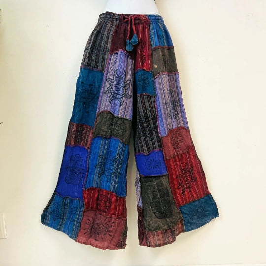 Flare Sleeve Top + Palazzo Pants (set) - Blue Patchwork