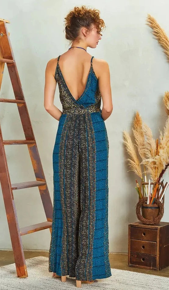 Tie Waist Jumpsuit - Blue/Black