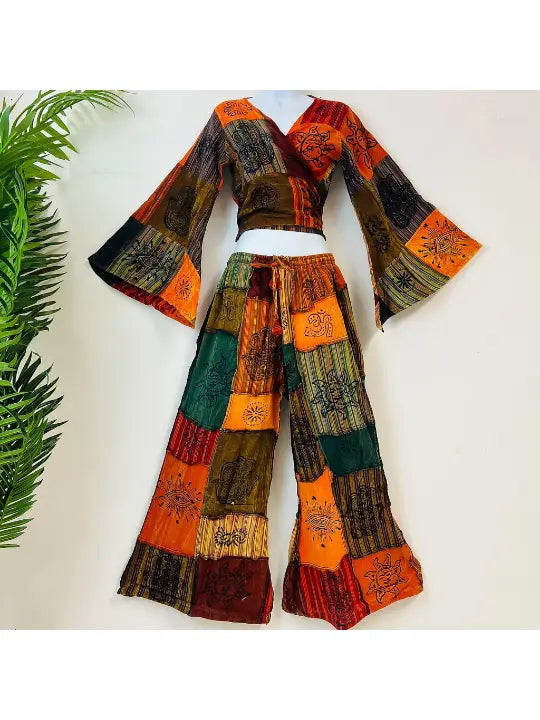 Flare Sleeve Top + Palazzo Pants (set) - Orange Patchwork