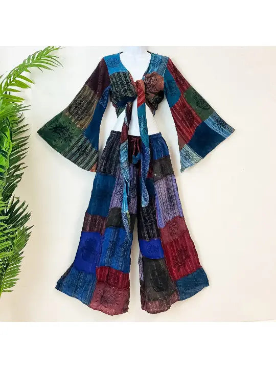 Flare Sleeve Top + Palazzo Pants (set) - Blue Patchwork