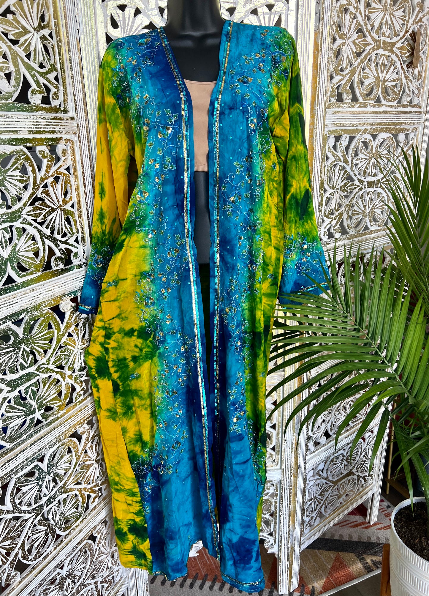 Silk Sari Kimono - Blue/Yellow Tie Dye