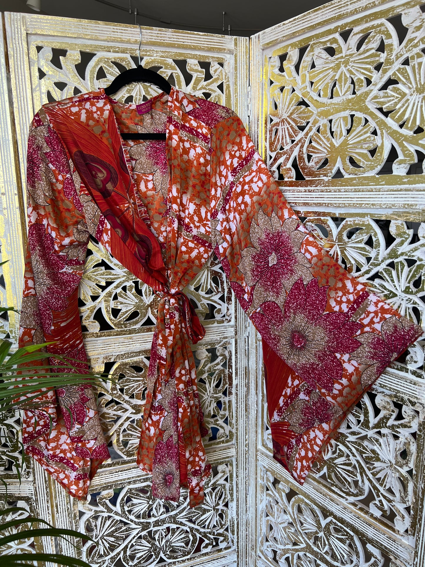 Silk Sari Robe (Short) - Red Floral
