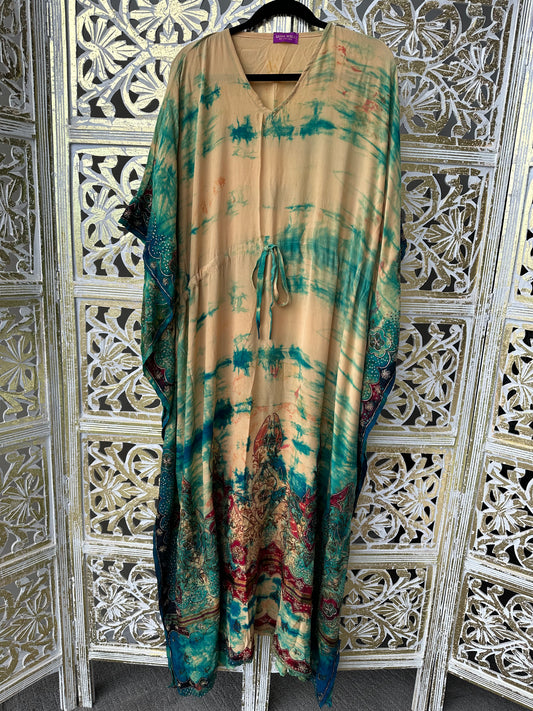 Silk Sari Muumuu - Green Tie Dye