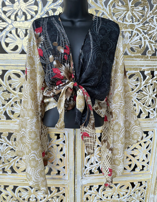 Silk Sari Goddess Top - Black & Champagne Floral