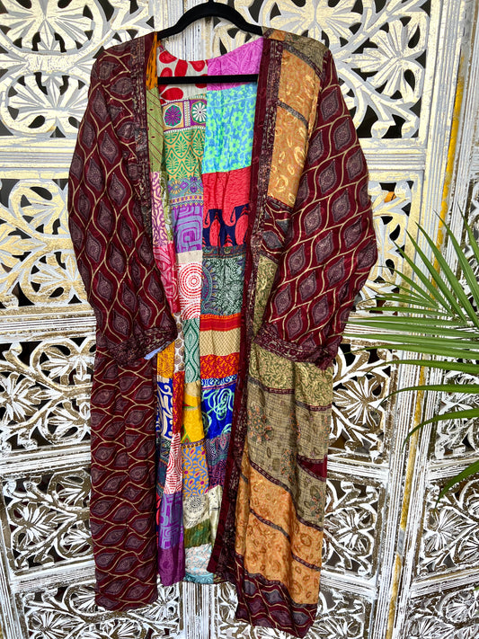 Silk Kimono (reversible) - Maroon/Gold & Patchwork