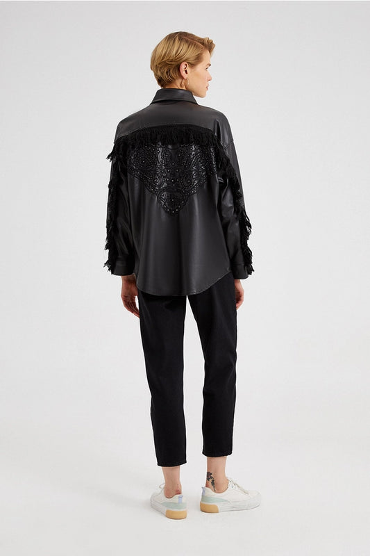 Leather Fringe Overshirt - Black