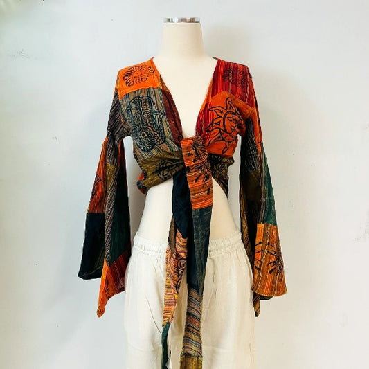 Flare Sleeve Top + Palazzo Pants (set) - Orange Patchwork