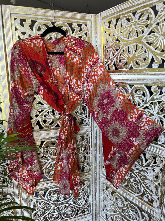 Silk Sari Robe (Short) - Red Floral